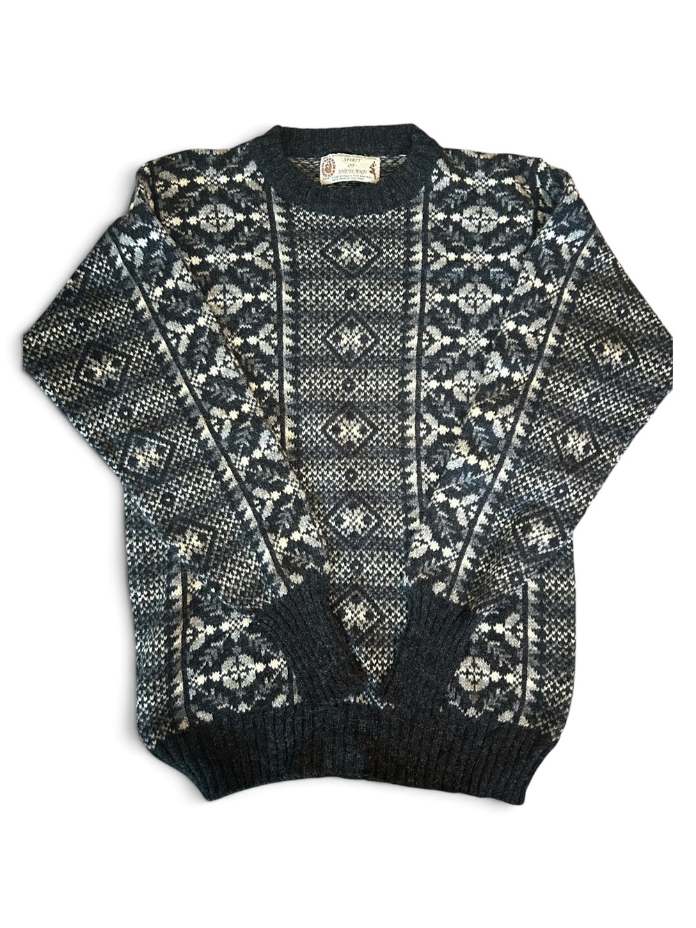 Vintage Made in Scotland Men's Patterned Crewneck Hand Knitted monochrome M